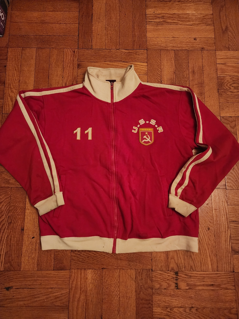 Vintage Red Track Jacket with Cream Trim and USSR Crest